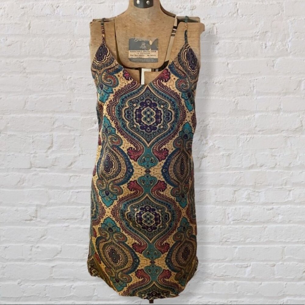 Mimi Chica Beige Teal Purple Paisley Satin Slip Chemise Nightie